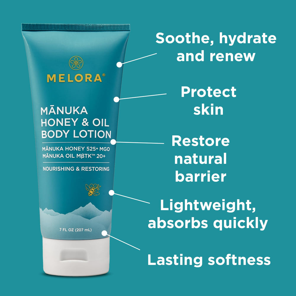 Melora Manuka Honey Body Lotion texture swirl reveals rich, nourishing formula.