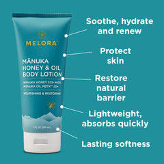 Melora Manuka Honey Body Lotion texture swirl reveals rich, nourishing formula.