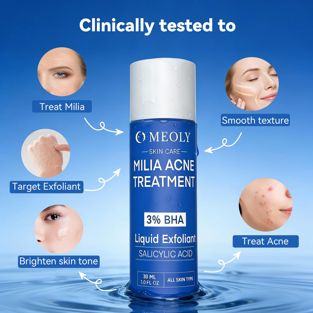 MEOLY Milia Remover bottle close-up shows convenient dropper for precise application.