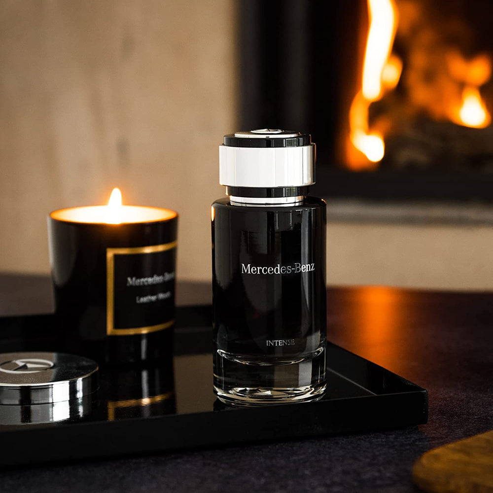 Mercedes-Benz Intense cap and star atop the bottle for instant recognition.