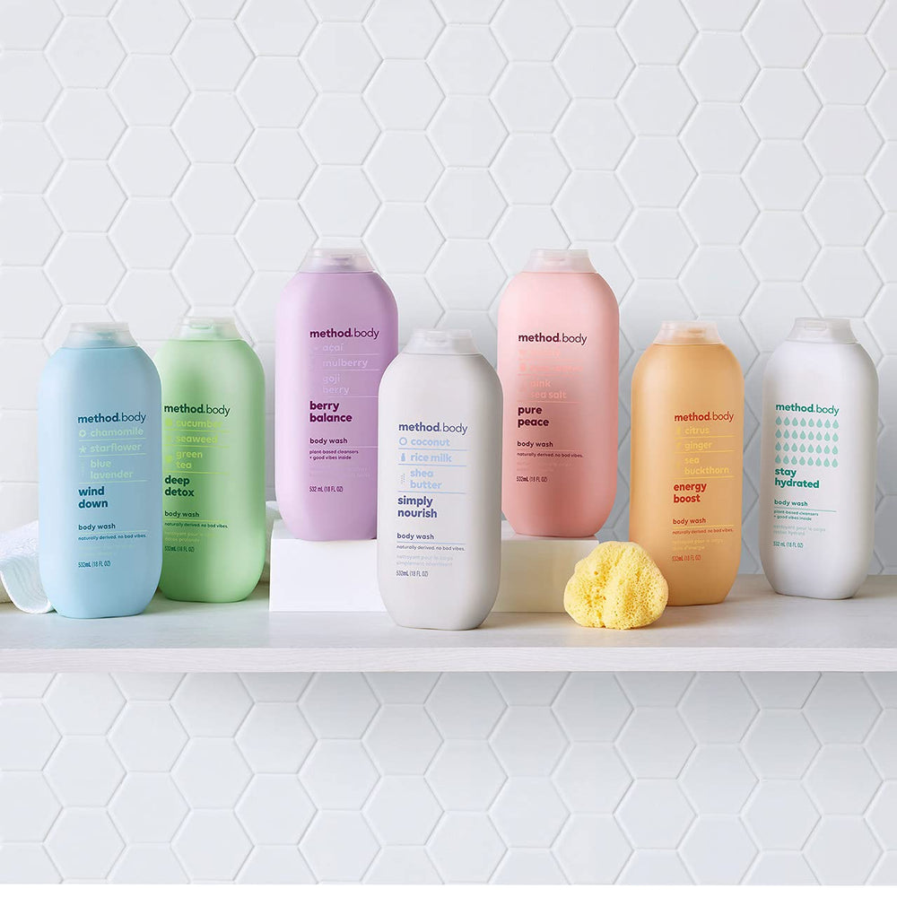 Eco-friendly packaging from PCR plastic used by Method Berry Balance.
