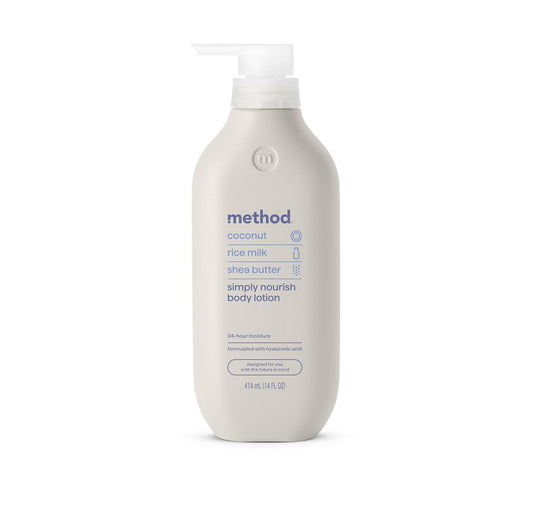 Method Simply Nourish coconut lotion bottle showcases tropical fragrance and long-lasting hydration.