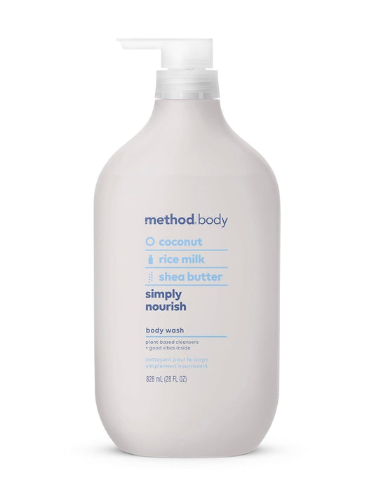 Method Simply Nourish bottle on bathroom shelf for daily cleansing with coconut and shea