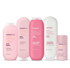 Packaging label of Method Daily Lotion Pure Peace emphasizes six-bottle bundle