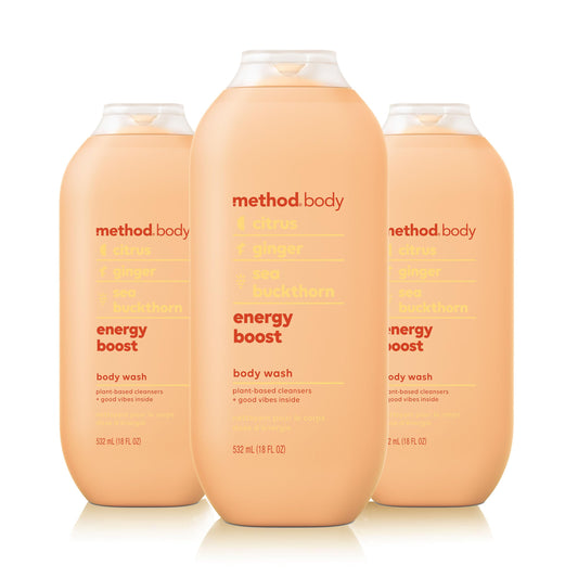Method Energy Boost bottle-pour shows citrus-ginger scent for an energizing shower
