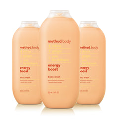 Method Energy Boost bottle-pour shows citrus-ginger scent for an energizing shower