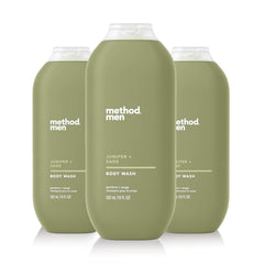 Three-pack Method Men Juniper + Sage Body Wash for daily cleansing.