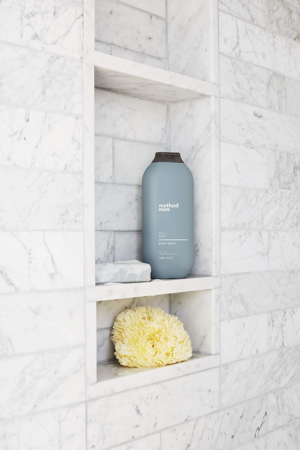 Method Men Juniper + Sage bottle on shelf, energizing scent for morning routine