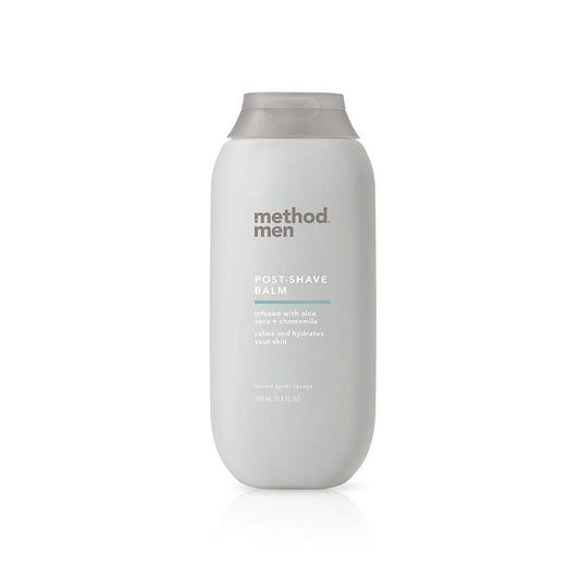 Method Men post-shave balm sea surf bottle enhances hydration after shaving.