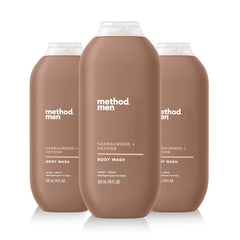 Method Men Sandalwood and Vetiver bottle closeup for a daily refreshing cleanse
