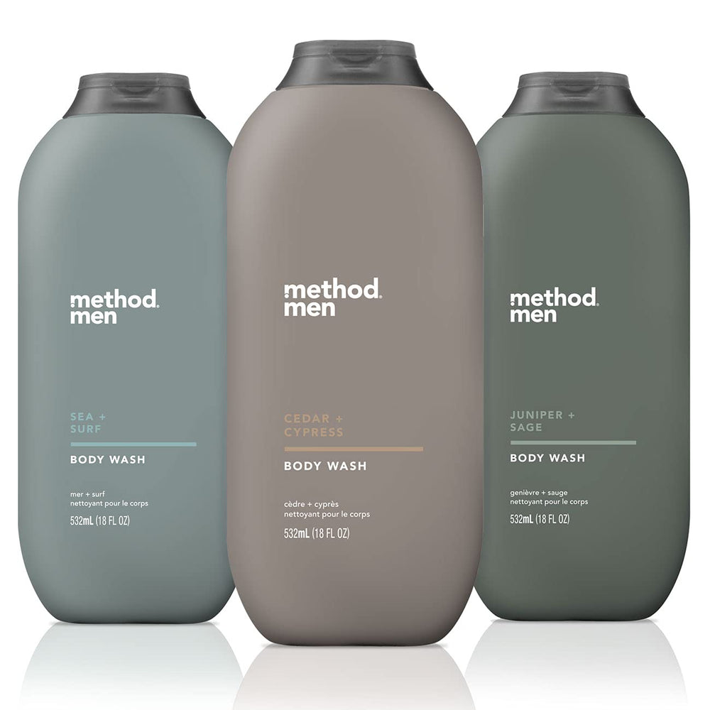 Method Men Sea + Surf bottle on shower shelf, refreshing cleanse after workouts