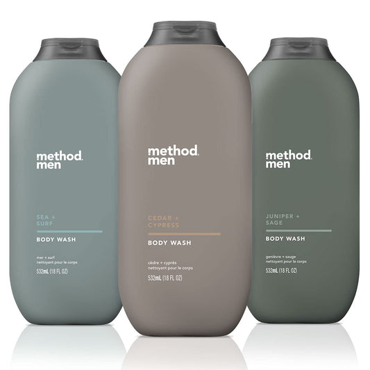 Method Men Sea + Surf bottle on shower shelf, refreshing cleanse after workouts