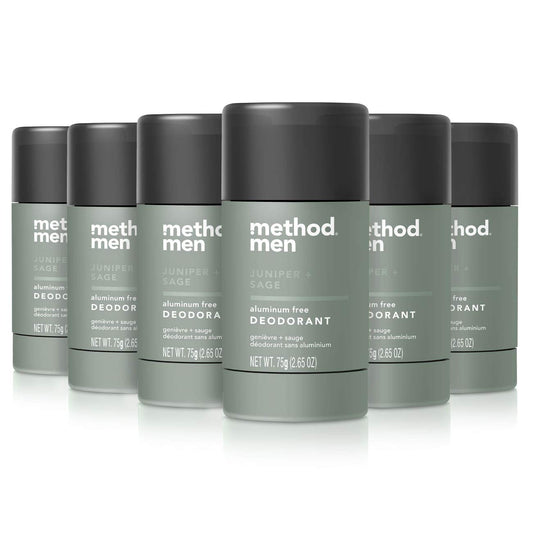 Method men's juniper sage deodorant pack of six aluminum-free sticks.
