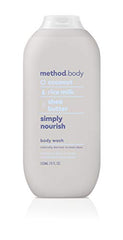 Method Simply Nourish ingredients close-up shows coconut milk and shea butter.