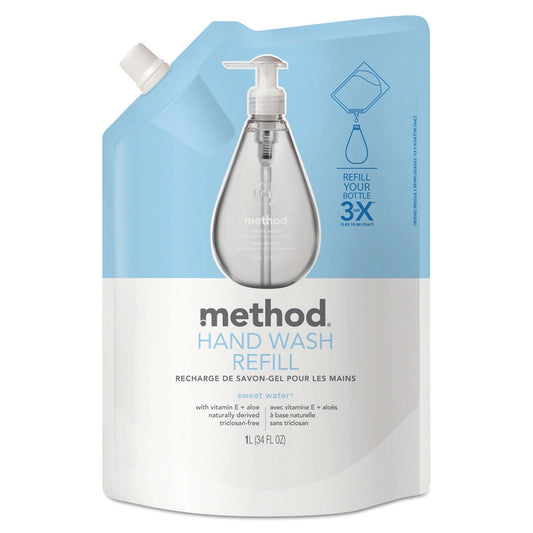 Method Sweet Water refill pouch for gel hand wash reduces waste and saves space.
