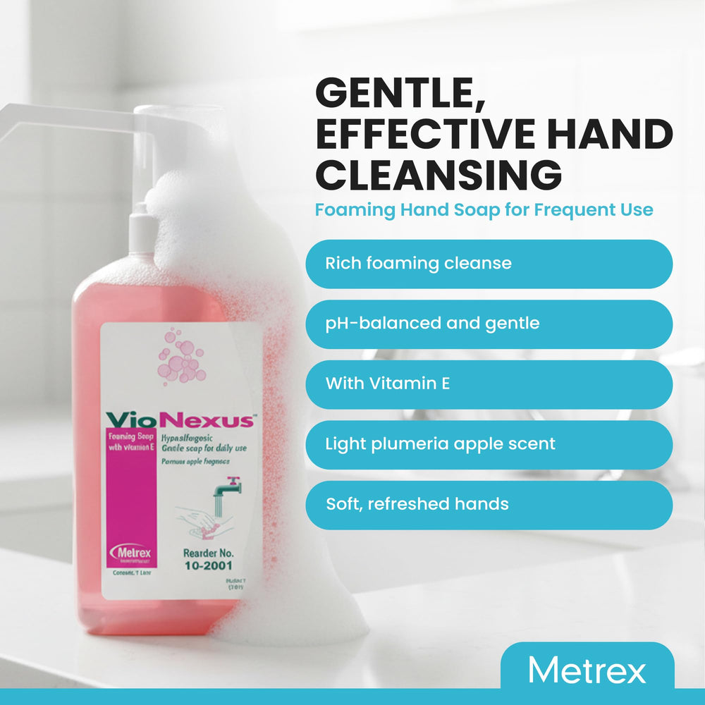 Close-up of rich foam from Metrex VioNexus for even coverage on hands.