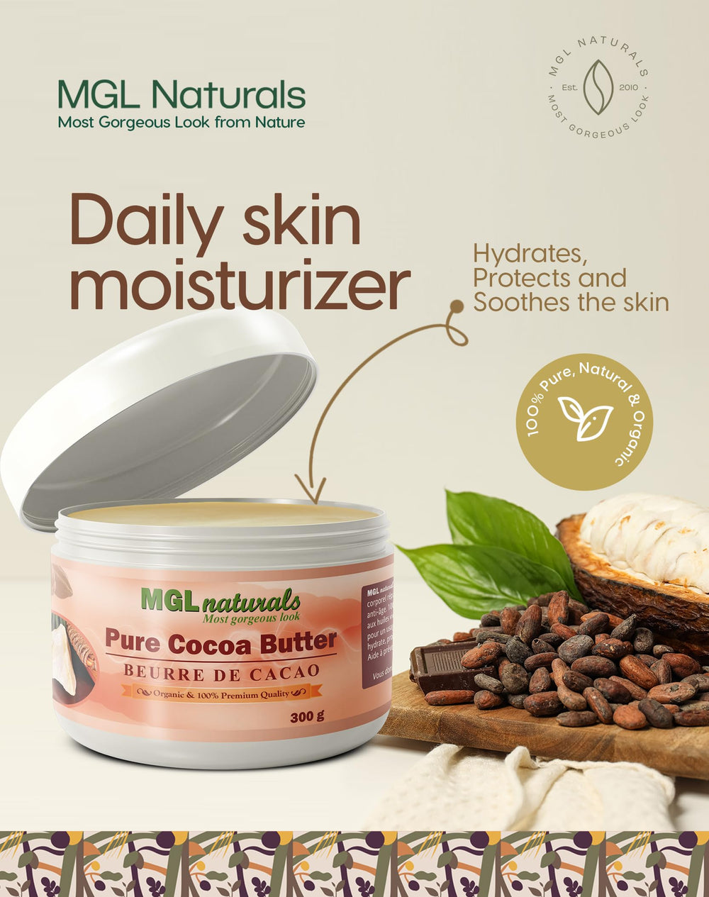 MGL Naturals cocoa butter applied on skin showing fast absorption and long-lasting moisture.