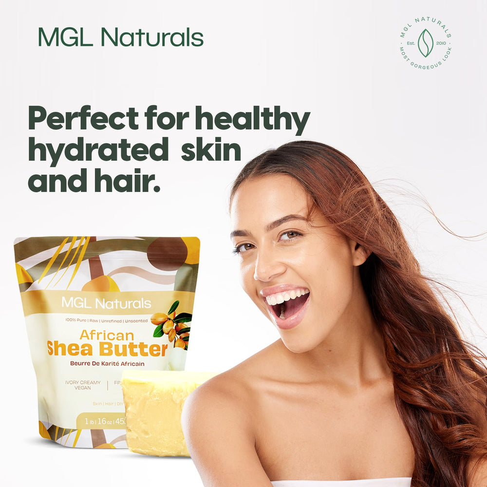 MGL Naturals shea butter hair care close-up, nourishing strands