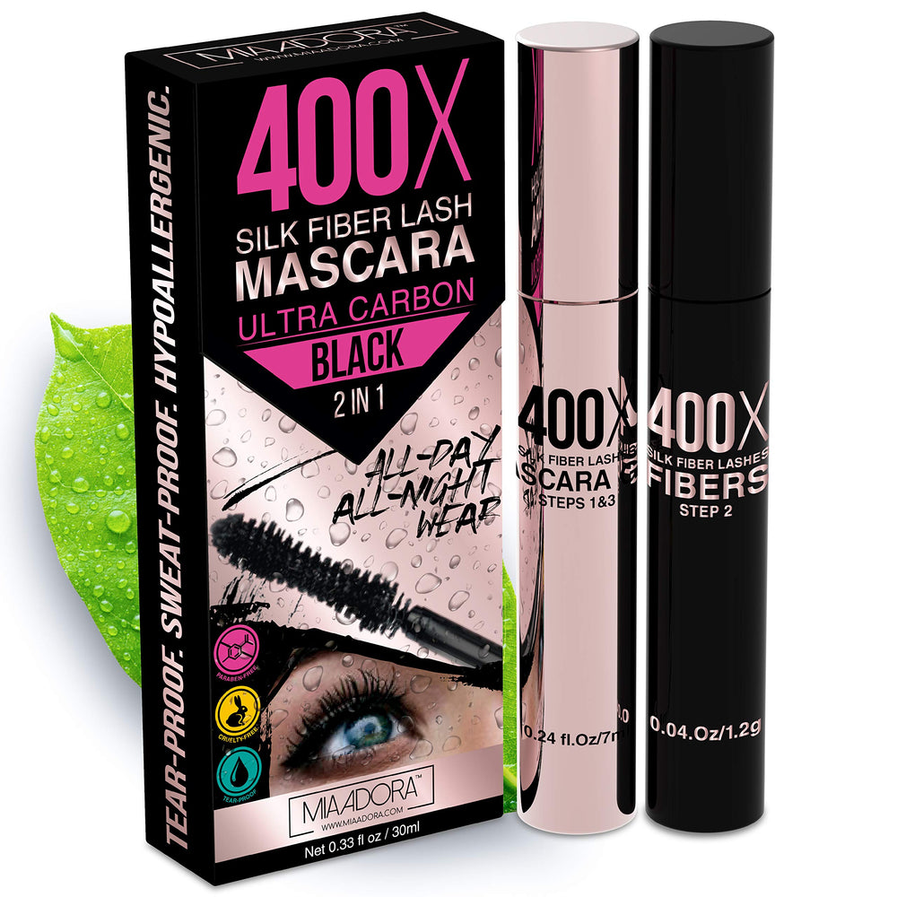 Mia Adora 400X mascara bottle shows ultra black formula for dramatic volume.