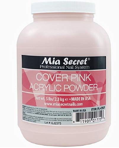Mia Secret acrylic powder 5 lbs cover pink bottle closeup for salon-quality nails.
