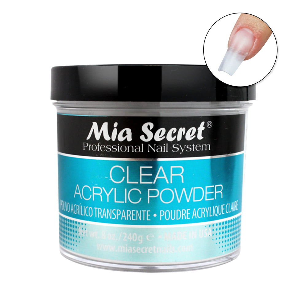 Mia Secret Clear Acrylic Powder close-up shows self-leveling formula.