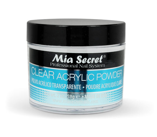 Mia Secret clear acrylic powder bottle shows true-clear formula for flawless encapsulation.