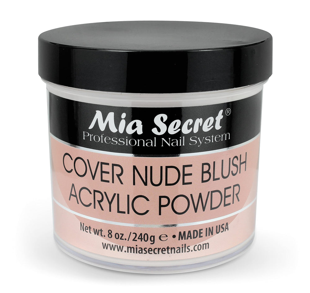 Mia Secret Cover Nude Blush Acrylic Powder bottle demonstrates smooth, even consistency for flawless nails.