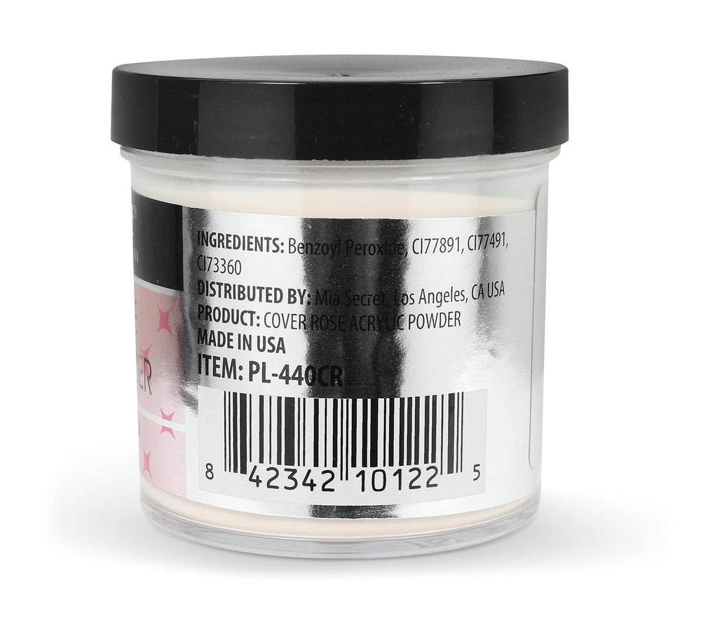 Mia Secret Cover Rose acrylic powder 4oz bottle close-up with clear branding.