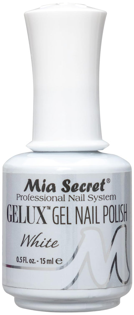 Mia Secret Gelux white bottle showing premium gel polish for long-lasting coverage.