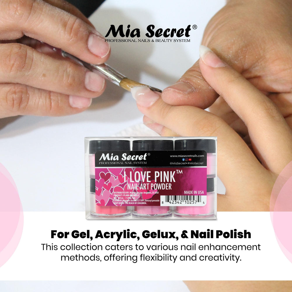 Mia Secret I Love Pink jars closeup with color-rich pink powders