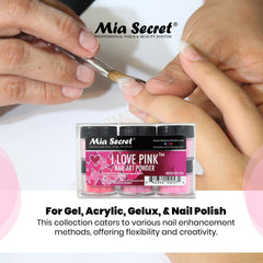 Mia Secret I Love Pink jars closeup with color-rich pink powders
