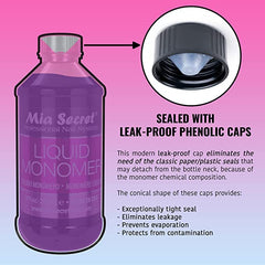 Mia Secret Liquid Monomer 4 Oz bottle label shows safety notes for correct use