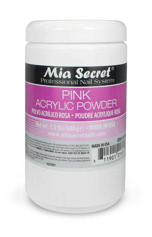 Mia Secret pink acrylic powder jar shows smooth self-leveling texture for easy application