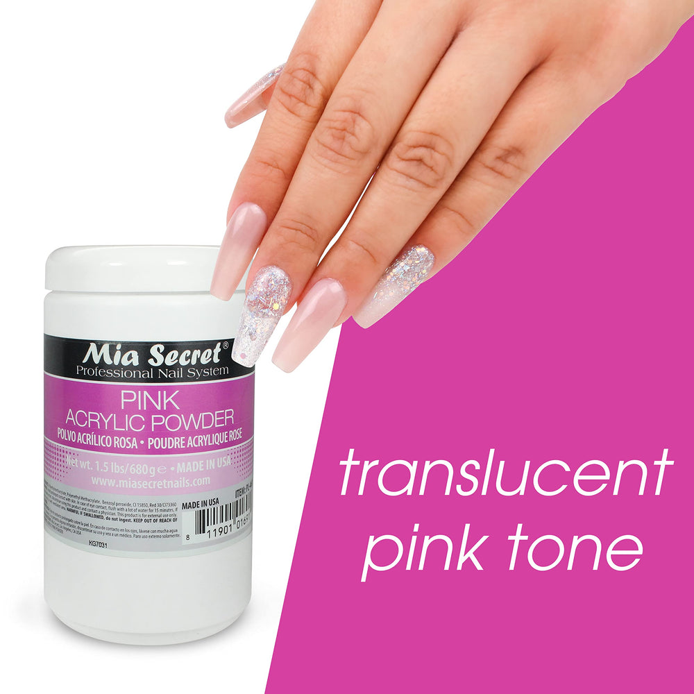 Nail tip with Mia Secret pink acrylic powder exhibits non-yellowing finish