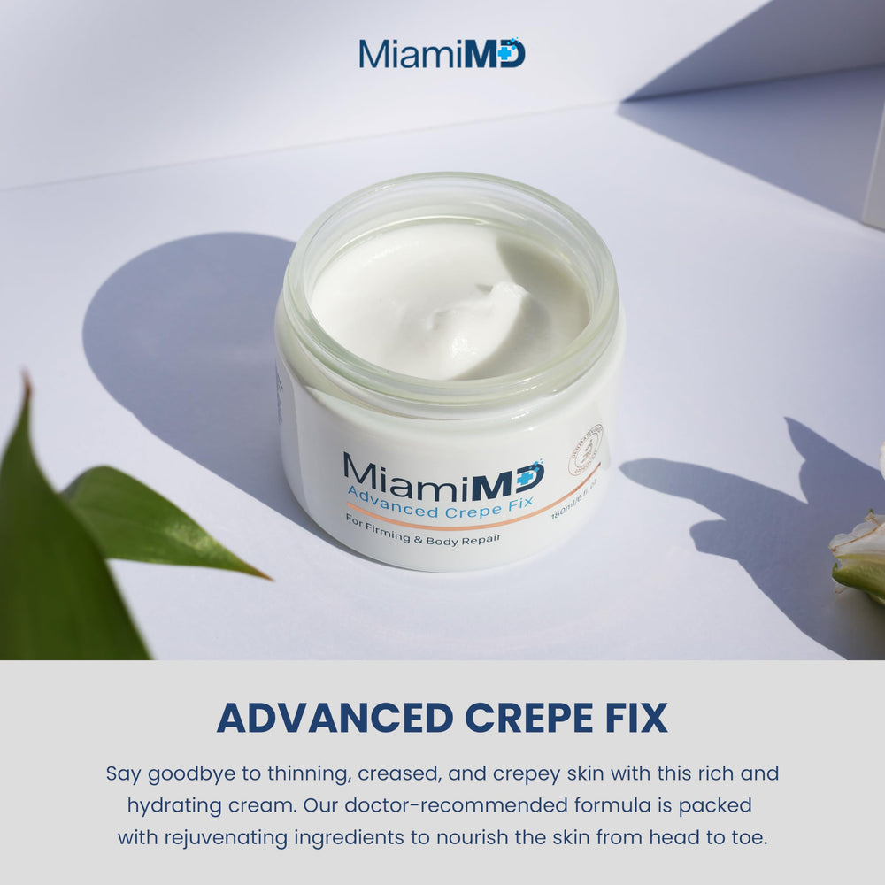 MiamiMD Advanced Crepe Fix cream texture close-up for firming and smoothing.