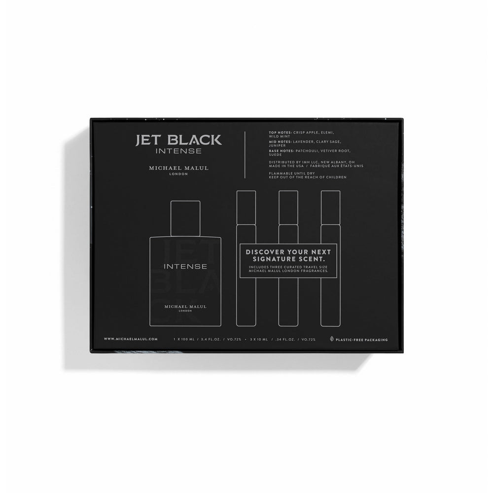 Michael Malul Jet Black Intense travel-size bottles for easy on-the-go fragrance.