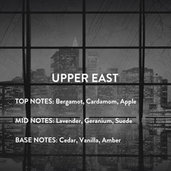 Upper East fragrance displays amber vanilla cedar warmth for evenings.
