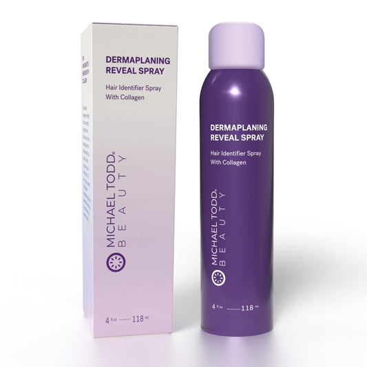 Michael Todd Sonicsmooth Hair Identifier Spray bottle highlights peach fuzz for precise dermaplaning prep.