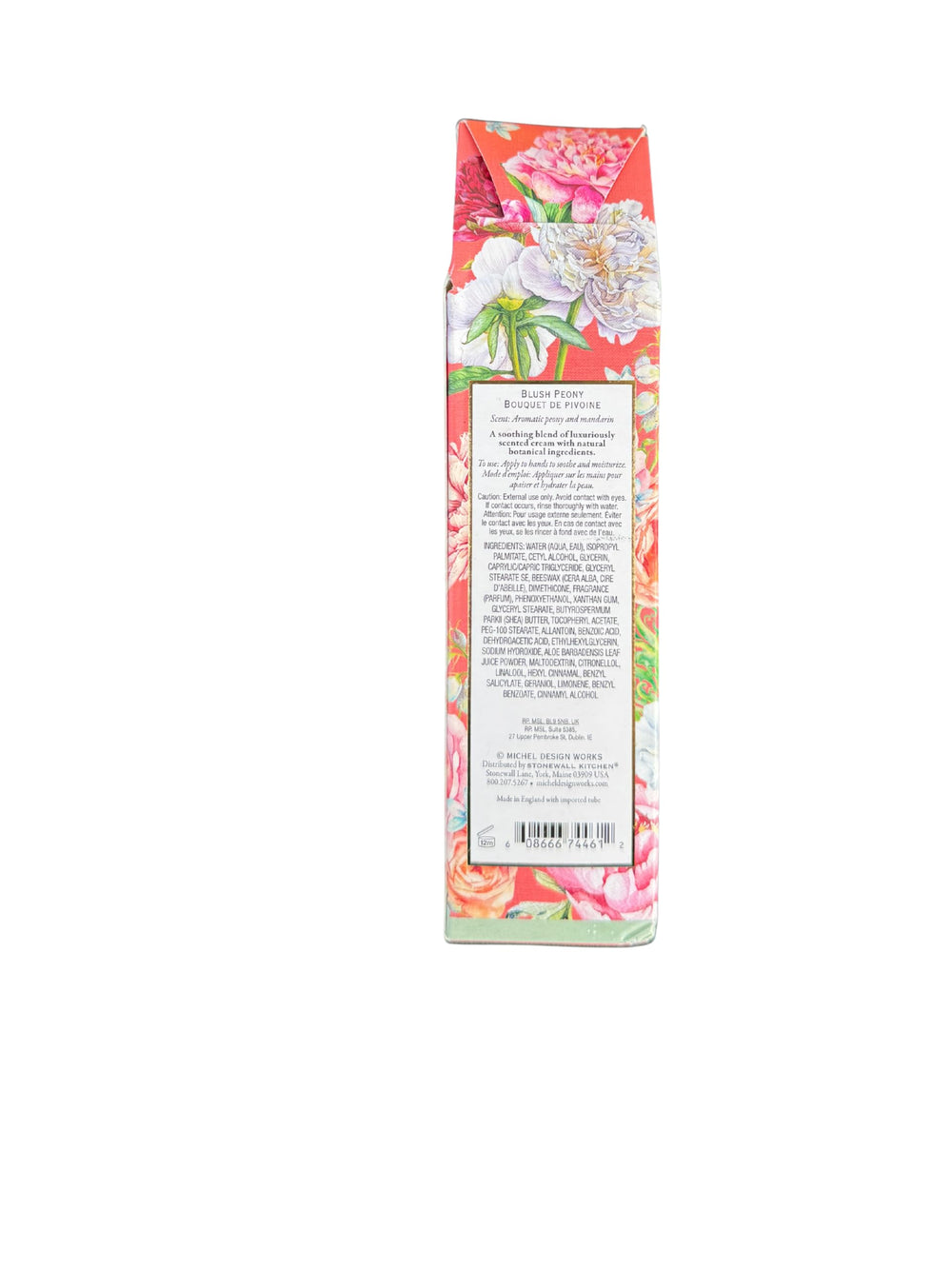 Michel Design Works Hand Cream Blush Peony packaging highlights nourishing ingredients for quick hand care.