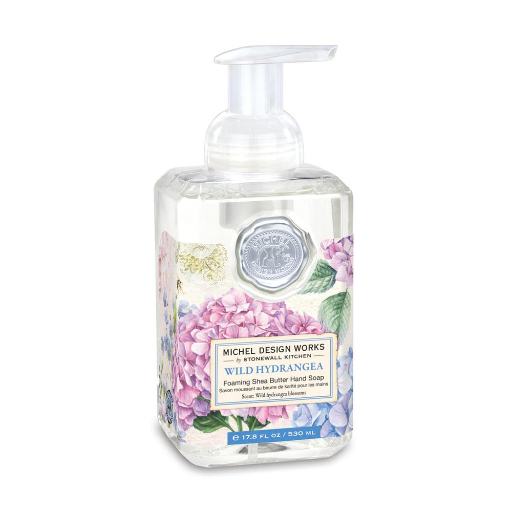 Michel Design Works hydrangea foaming soap pump delivers a luxurious scent and gentle lather