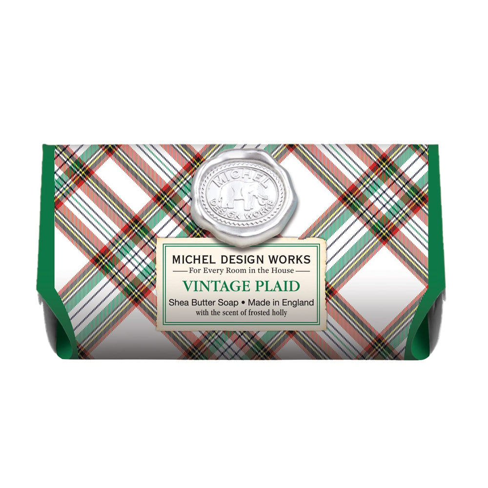 Michel Design Works Large Bath Soap Bar with vintage plaid wrap for timeless bathroom decor.