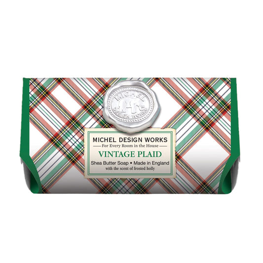 Michel Design Works Large Bath Soap Bar with vintage plaid wrap for timeless bathroom decor.