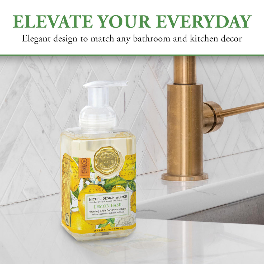 Kitchen sink scene with Lemon Basil foaming soap