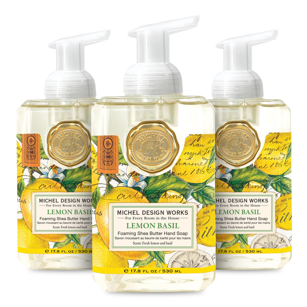 Michel Design Works Lemon Basil pack bottles displayed at the sink