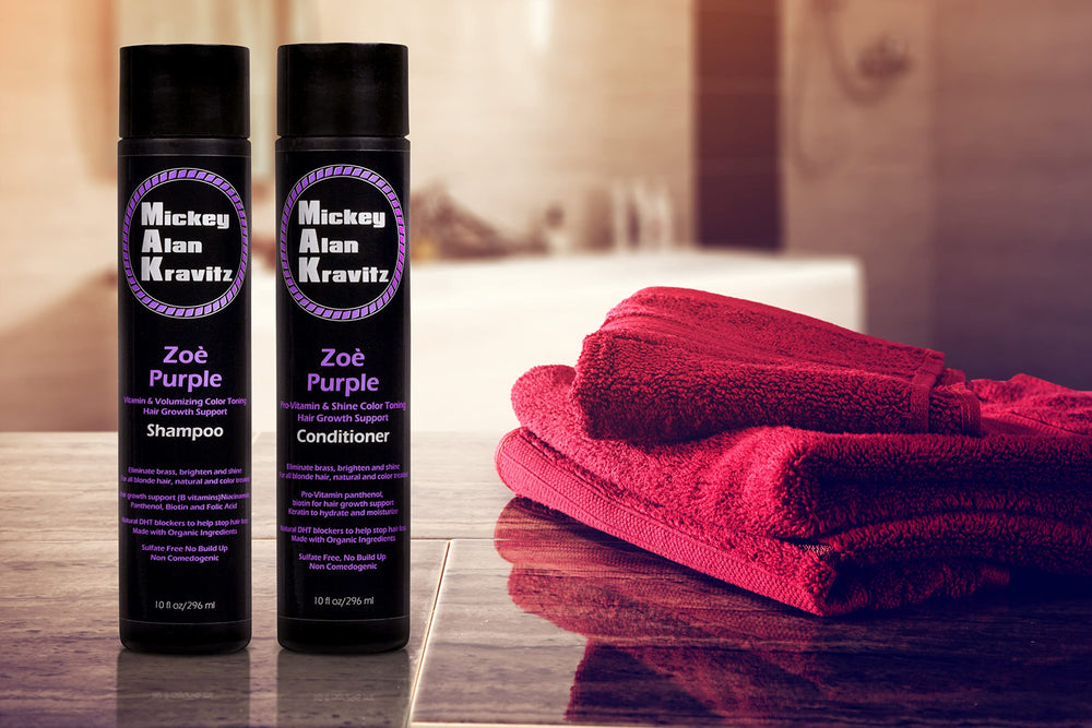 Mickey Alan Kravitz Zoe Purple conditioner bottle hydrates and protects color-treated blonde hair