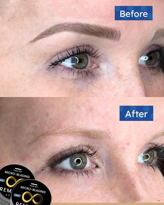 Microblading Removal Cream bottle pour showing easy application for brow pigment fade.