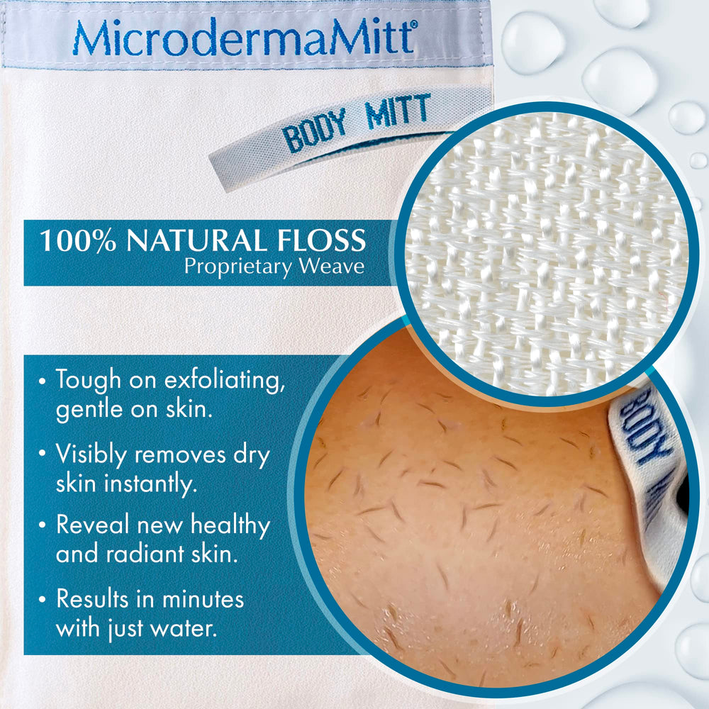 Close-up of natural plant floss weave on MicrodermaMitt for exfoliation