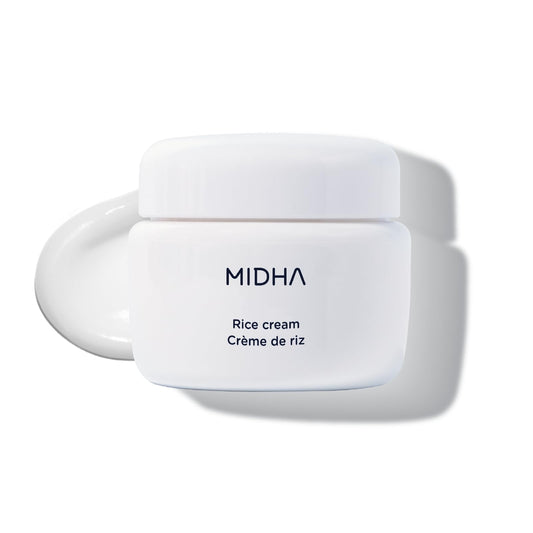MIDHA Rice Cream bottle packaging shows premium daily hydration.