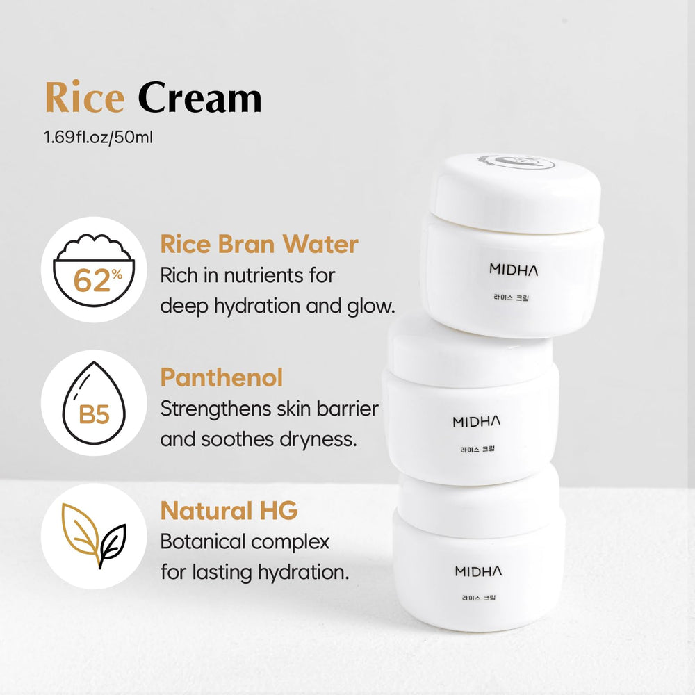 63% rice bran water hydrates MIDHA Rice Cream's formula.
