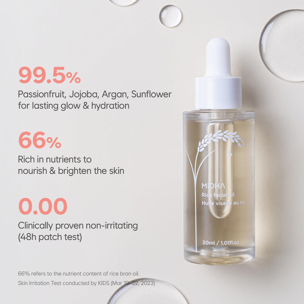 Pouring action demonstrates sleek MIDHA Rice Facial Oil packaging.